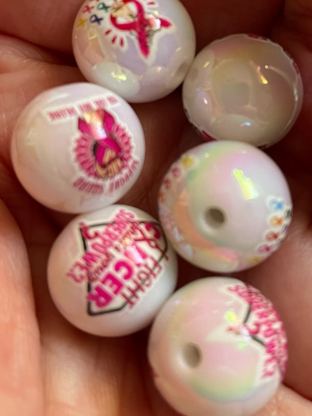 NEW 6pc 20mm Printed Beads Breast Cancer Awareness